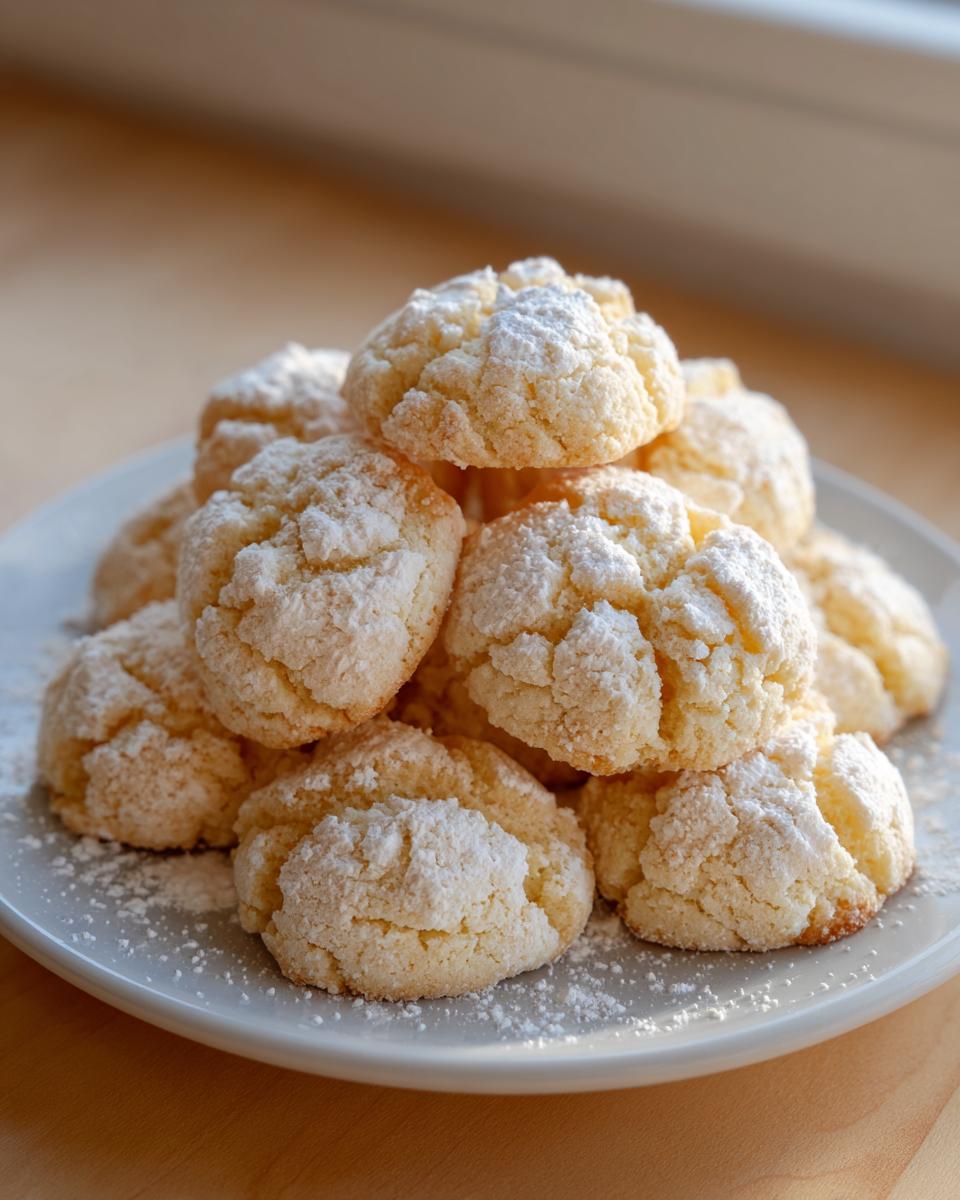 A mound of soft, crinkled 3-ingredient butter cookies generously dusted with white powdered sugar on a light gray plate.