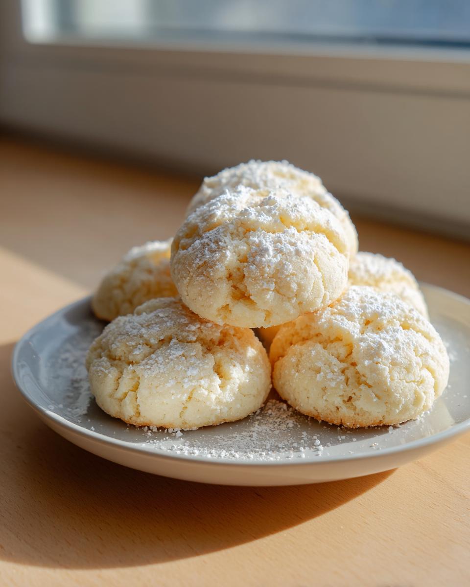 A stack of soft, round 3-ingredient butter cookies dusted heavily with powdered sugar on a light gray plate.