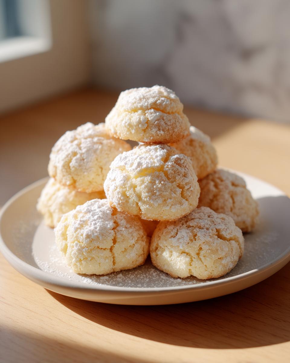 A small stack of golden 3-ingredient butter cookies dusted generously with white powdered sugar on a light plate.