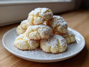 A stack of soft, crinkled 3-ingredient butter cookies generously dusted with white powdered sugar on a small white plate.