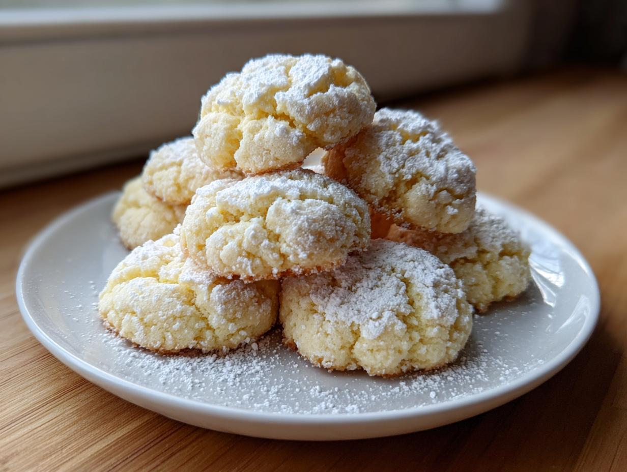A stack of soft, crinkled 3-ingredient butter cookies generously dusted with white powdered sugar on a small white plate.