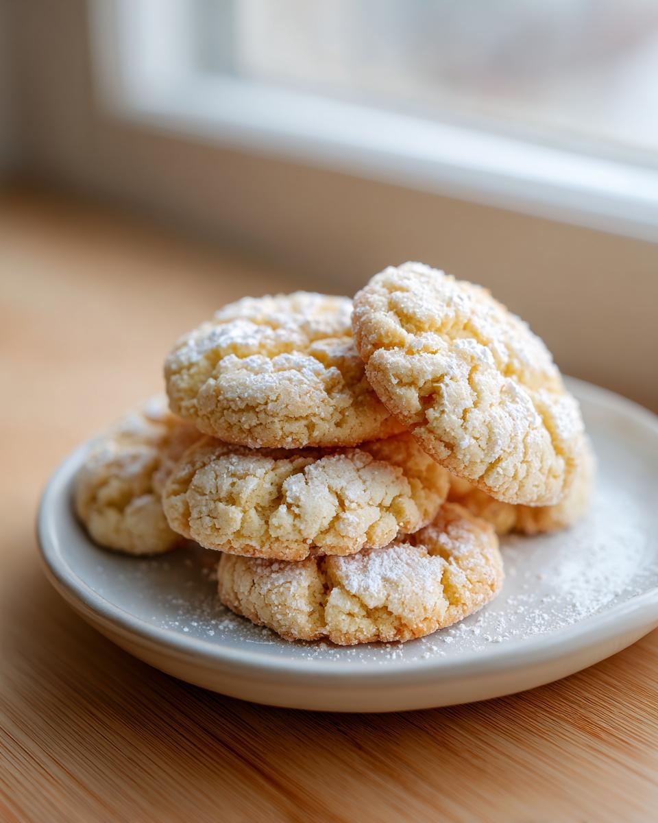 A small stack of crinkled, pale yellow 3-ingredient butter cookies dusted heavily with powdered sugar on a light plate.
