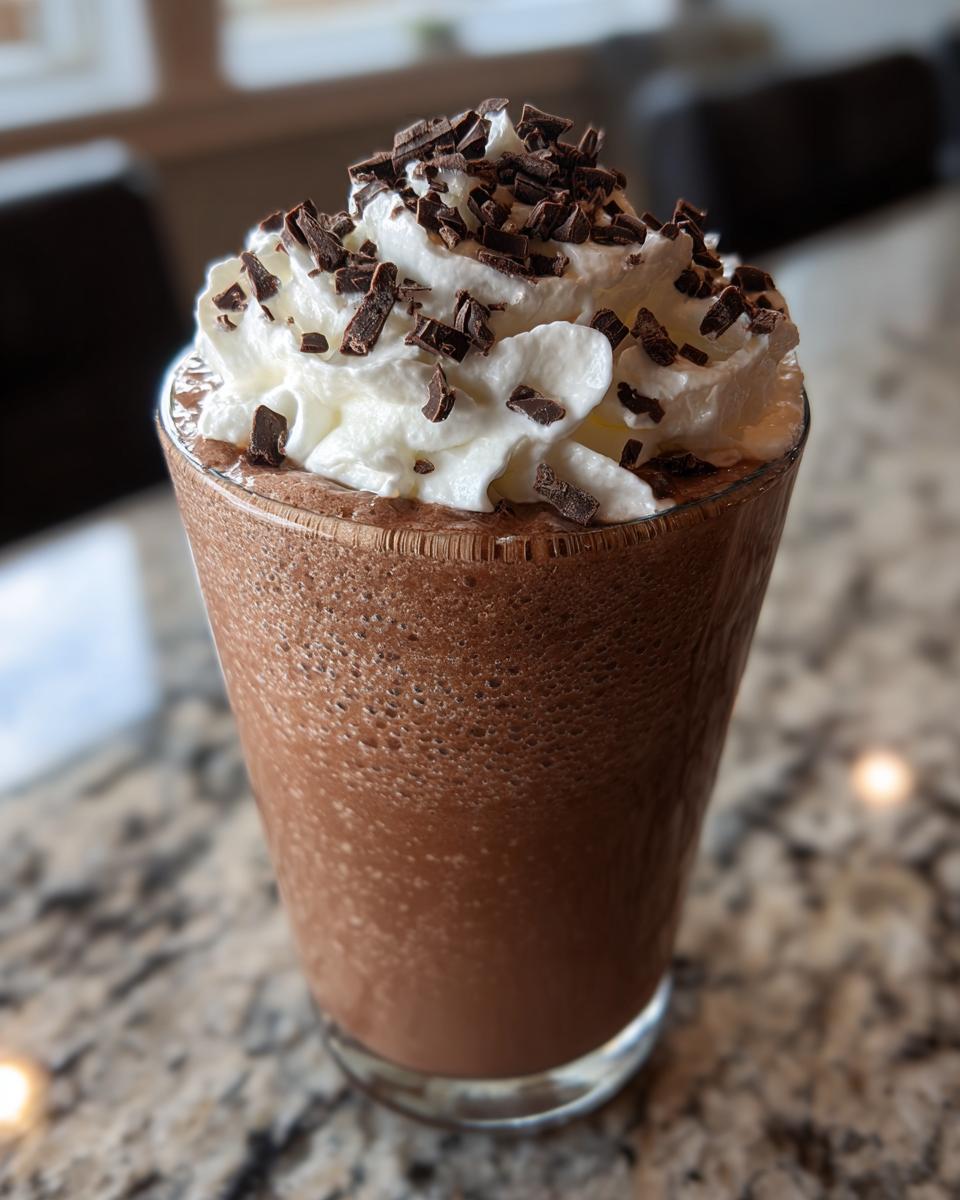 A tall glass filled with rich, blended frozen hot chocolate topped with whipped cream and chocolate shavings.