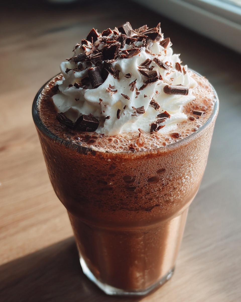 A tall glass of blended frozen hot chocolate topped with whipped cream and chocolate shavings.