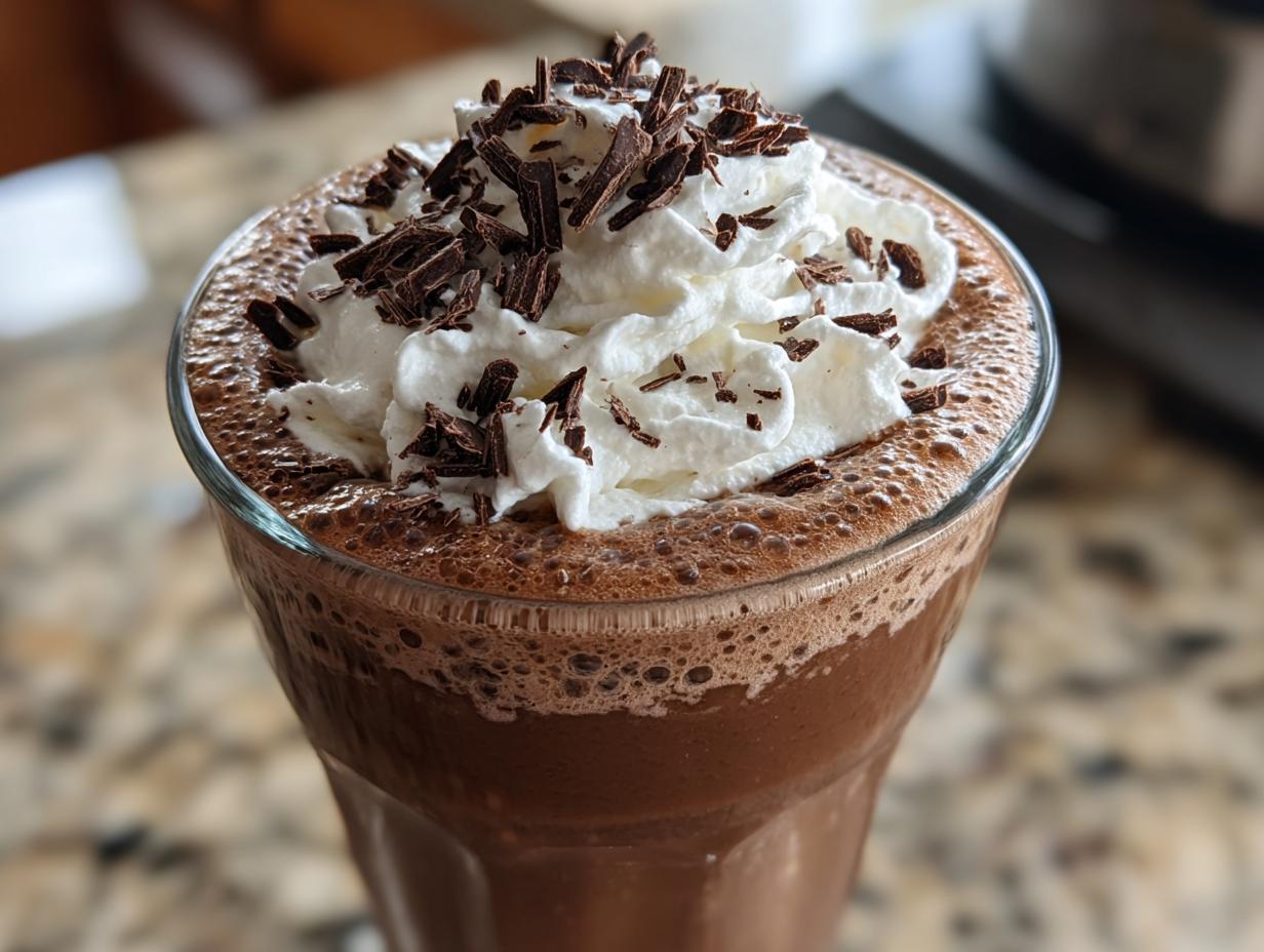 Close-up of a glass of rich frozen hot chocolate topped with whipped cream and chocolate shavings.