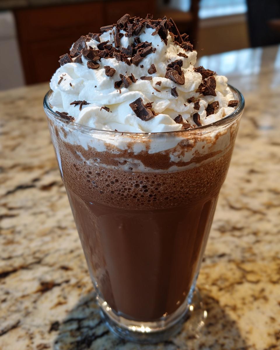A tall glass of rich, blended frozen hot chocolate topped with whipped cream and chocolate shavings.