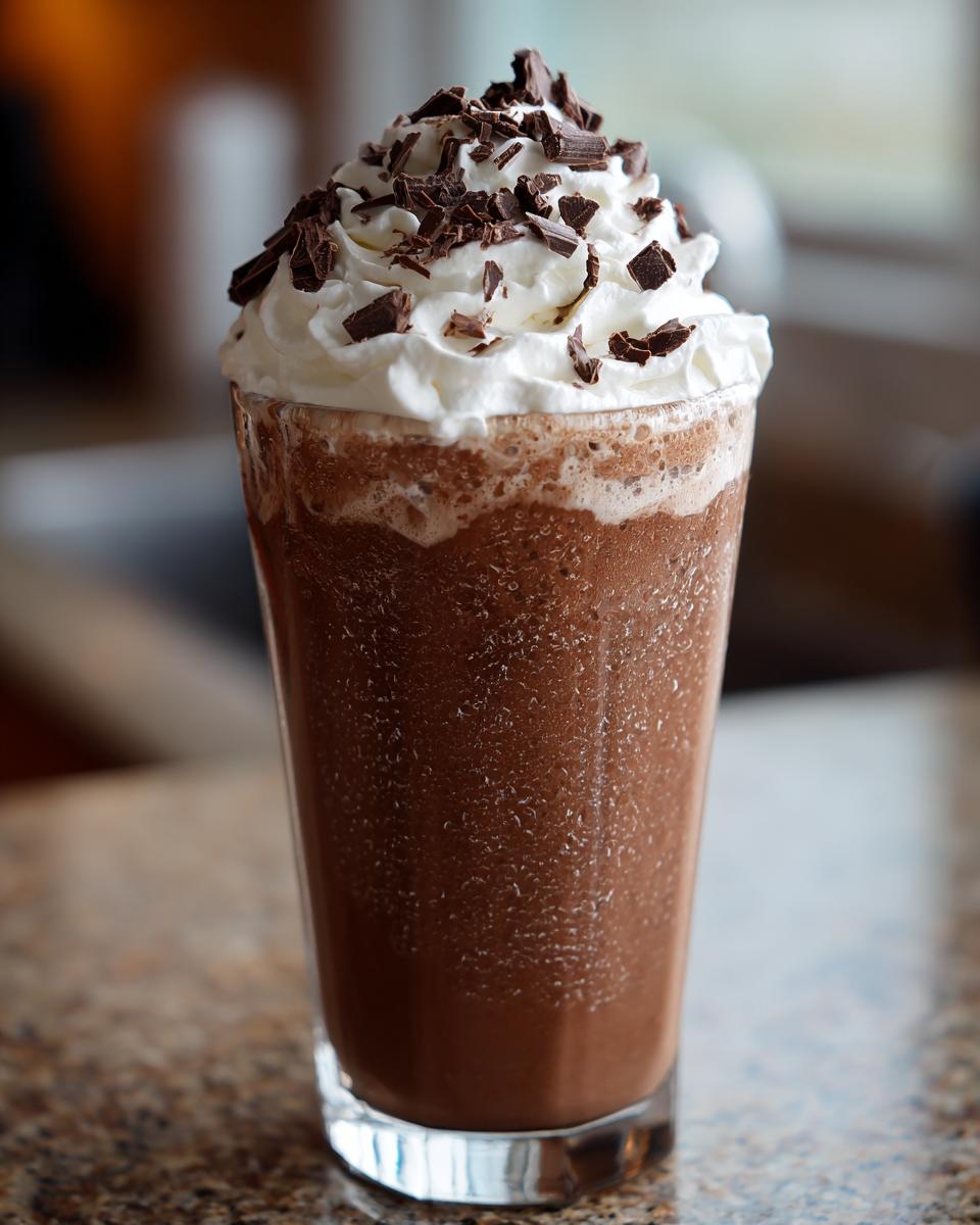 A tall glass filled with rich, blended frozen hot chocolate topped with whipped cream and chocolate shavings.