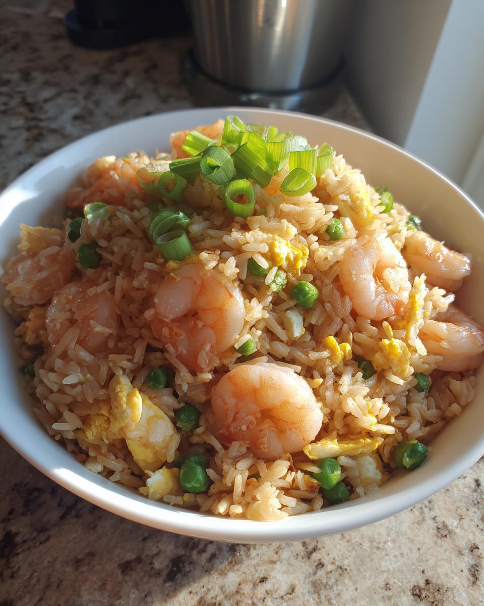 Close-up of a white bowl filled with flavorful shrimp fried rice, featuring pink shrimp, green peas, scrambled egg, and topped with fresh scallions.