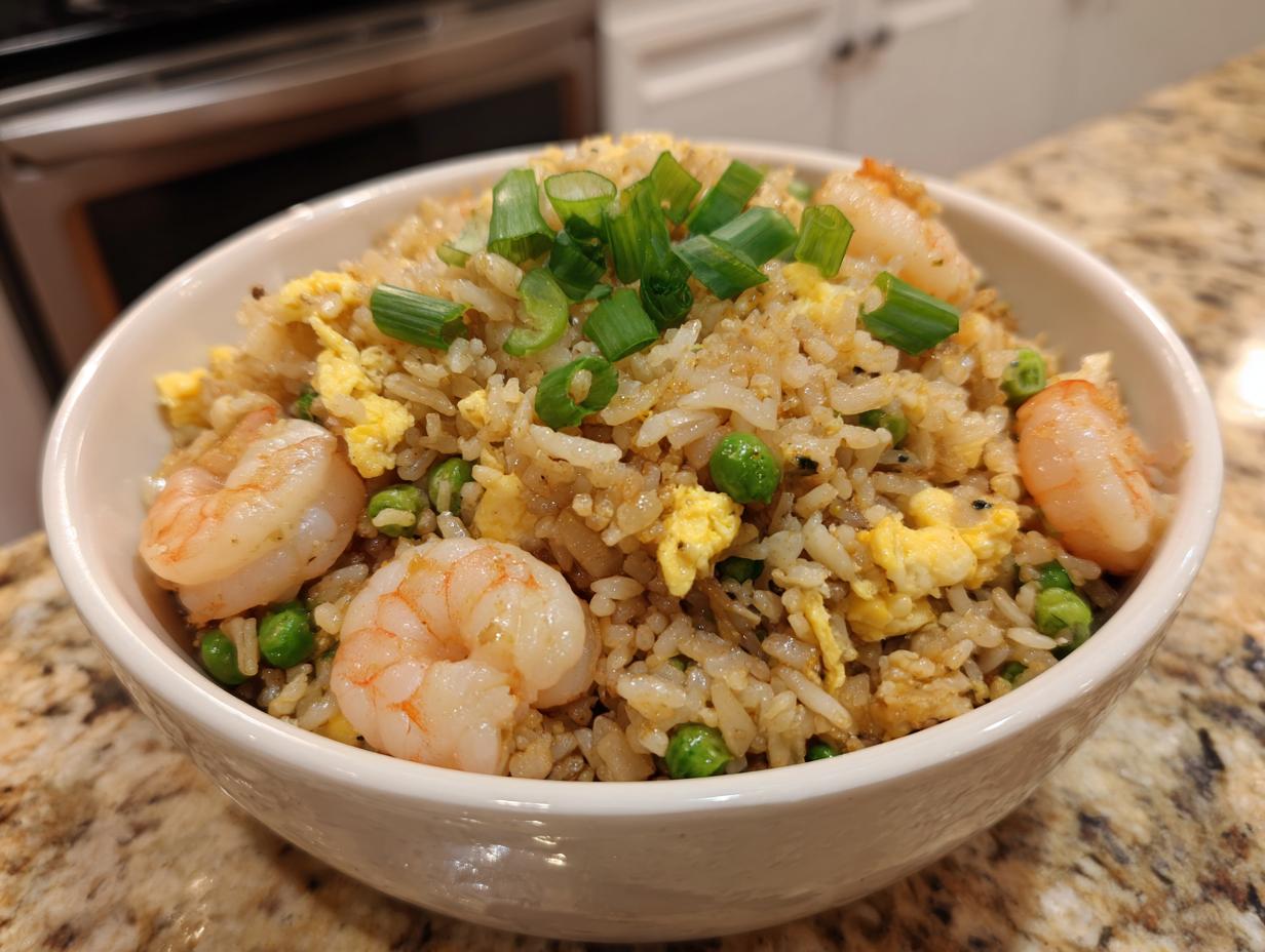 A close-up of a white bowl filled with homemade shrimp fried rice, featuring plump shrimp, peas, scrambled egg, and topped with fresh green onions.