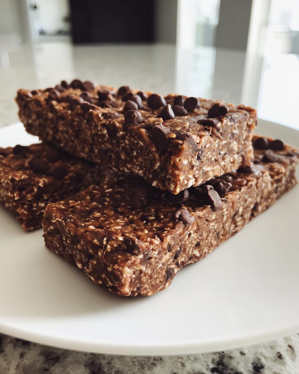 Three homemade chocolate chip protein bars stacked on a white plate, ready to eat.