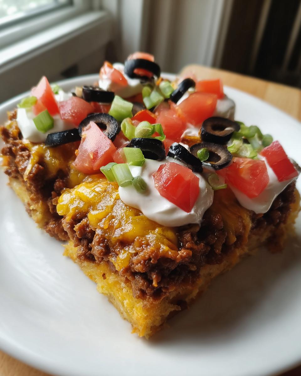 Two squares of 5-layer mexican pizza topped with melted cheese, sour cream, tomatoes, olives, and green onions.