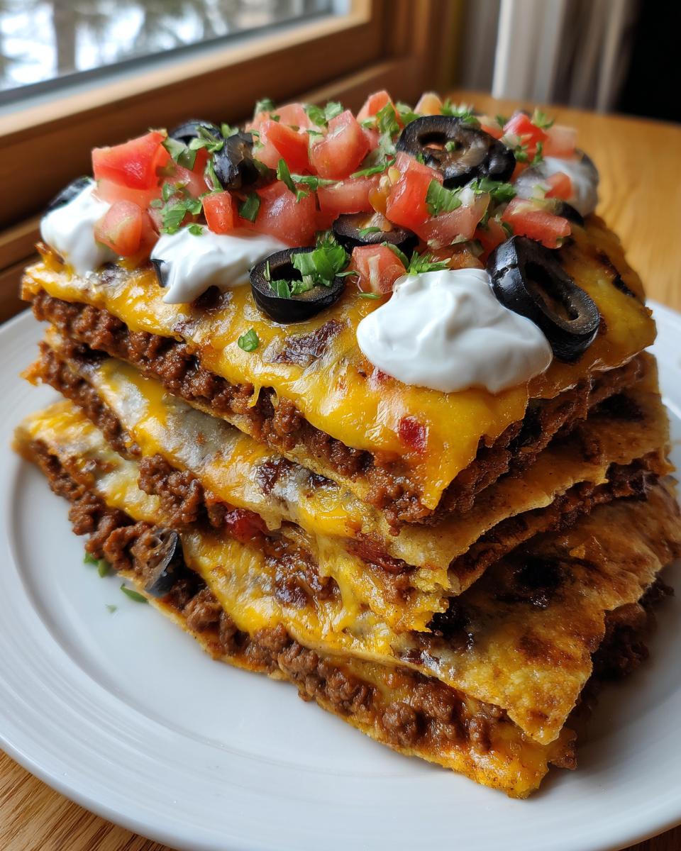 A tall stack of 5-Layer Mexican Pizza topped with melted cheese, sour cream, tomatoes, and olives.