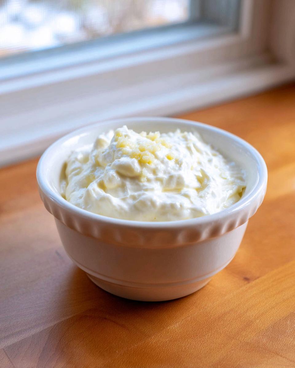 A small white bowl filled with creamy homemade garlic aioli, topped with minced garlic, sitting on a wooden counter near a window.