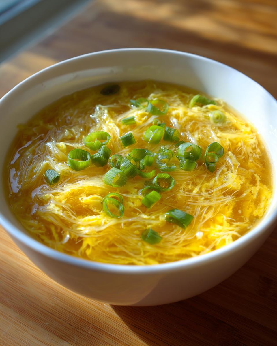 A white bowl filled with bright yellow egg drop soup, garnished with fresh green scallions.