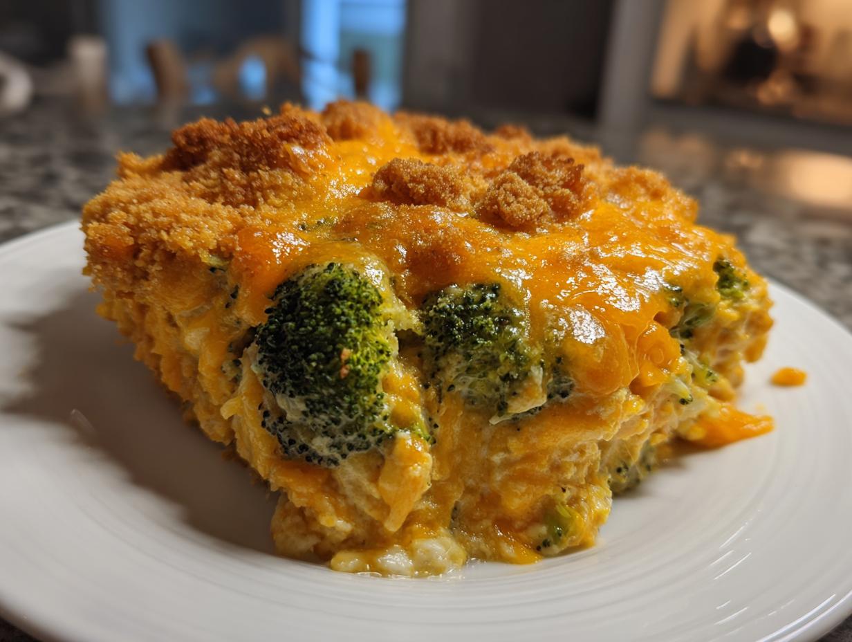 A close-up of a hearty slice of cheesy broccoli casserole topped with golden brown crumbs.