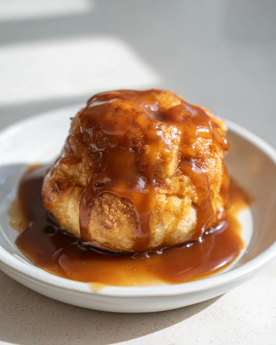 A single, golden baked apple dumpling generously covered in rich, glossy caramel sauce, served in a white bowl.