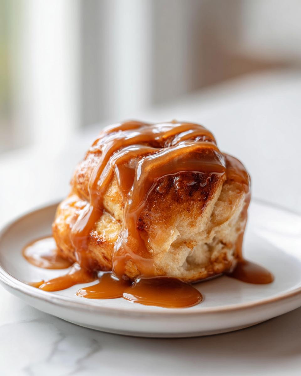A single, golden-brown apple dumpling generously drizzled with thick caramel sauce, served on a white plate.