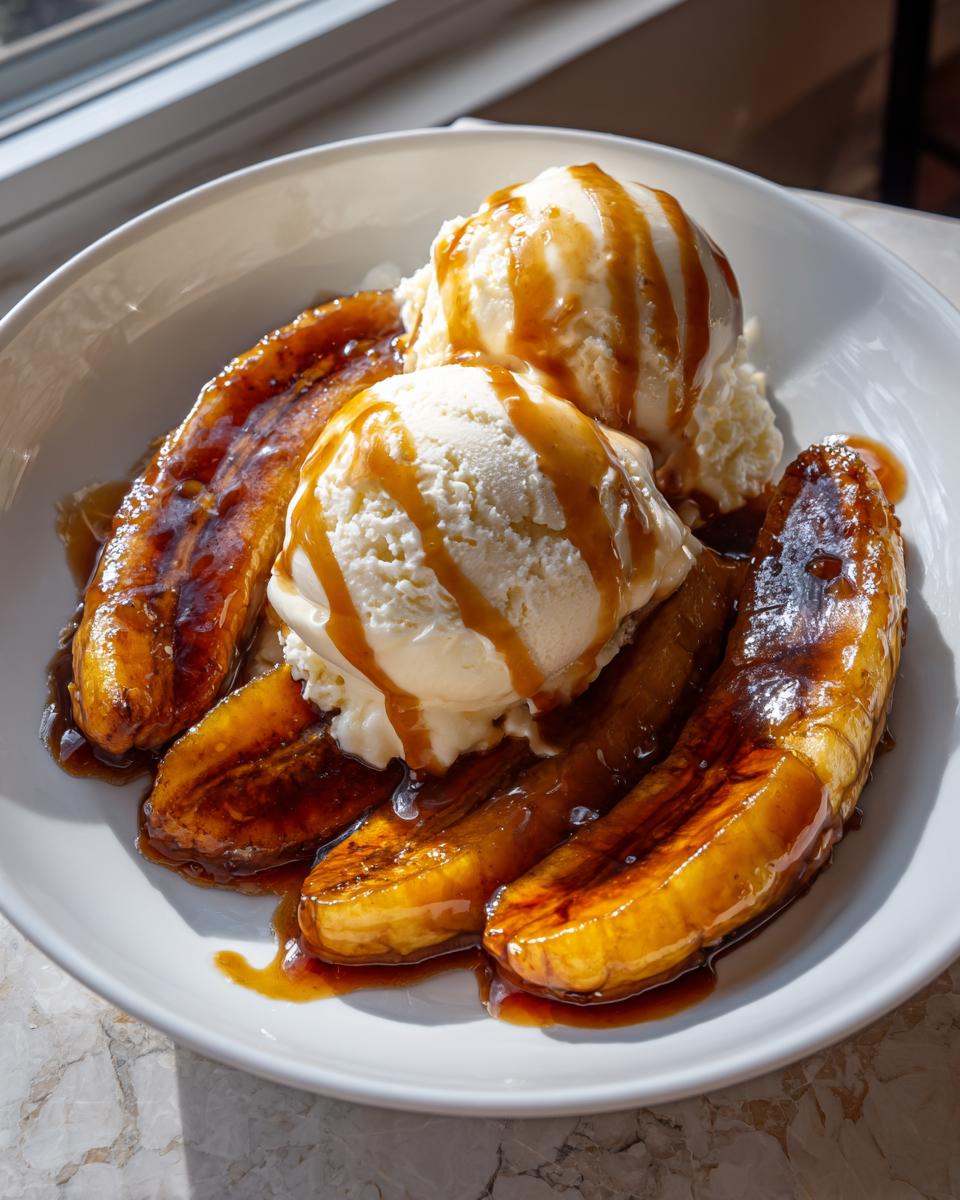 Two scoops of vanilla ice cream drizzled with caramel sauce served over caramelized bananas foster in a white bowl.