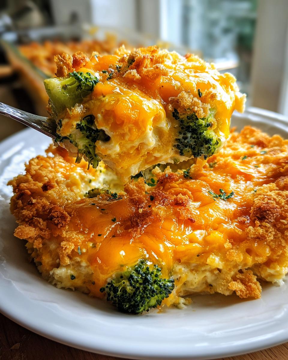 A spoonful of creamy, cheesy broccoli casserole being lifted from a serving on a white plate.