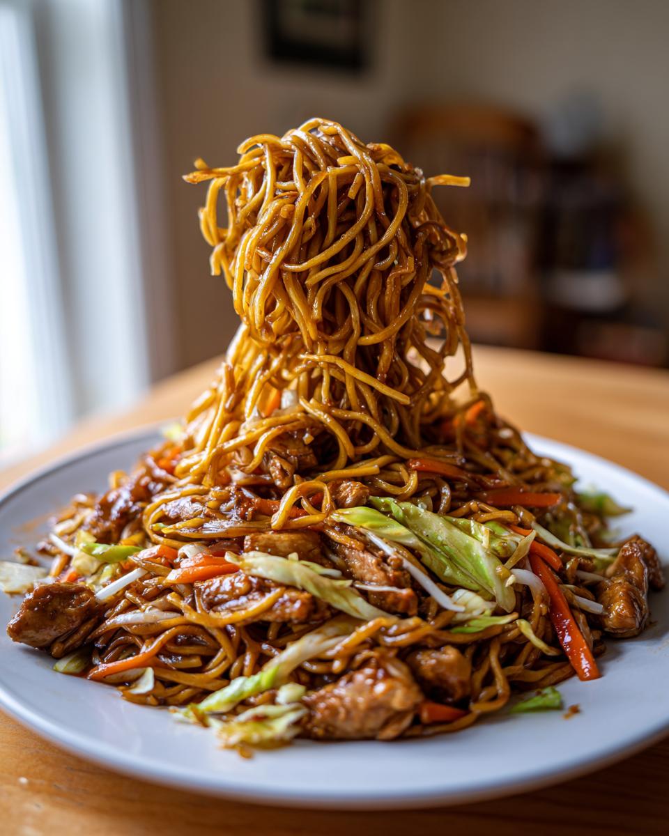 A dramatic serving of chicken chow mein recipe with noodles being lifted high above the plate of stir-fried chicken and vegetables.