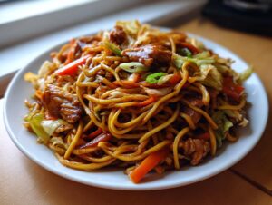 A close-up of a plate piled high with saucy chicken chow mein recipe noodles, vegetables, and chunks of chicken.