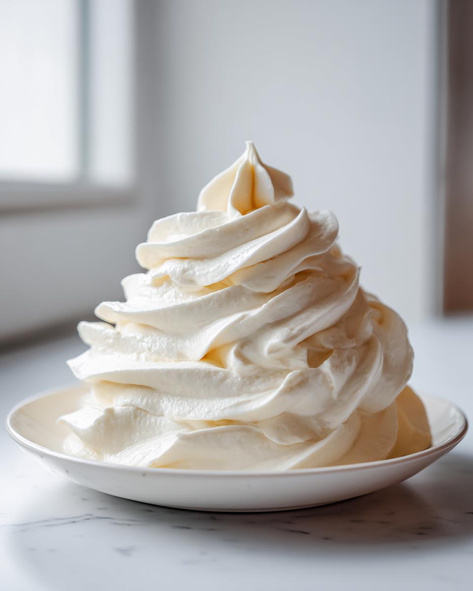 A tall, perfectly piped swirl of light, fluffy cream cheese frosting served in a small white bowl.
