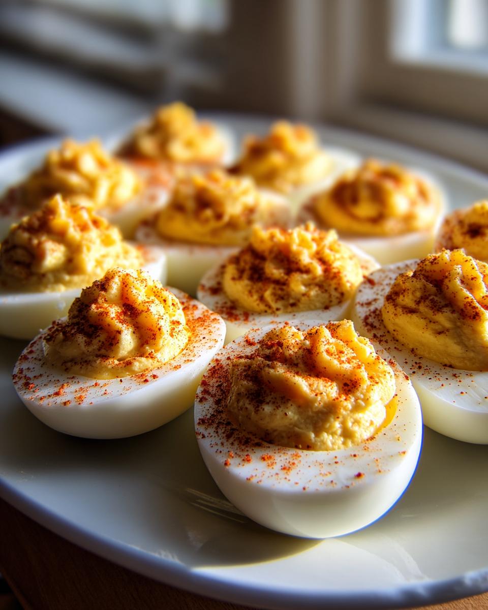 A close-up of several perfectly piped deviled eggs sprinkled with paprika on a white platter.