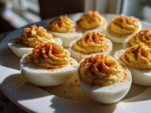 A plate of perfectly piped amazing deviled eggs, garnished generously with bright red paprika.