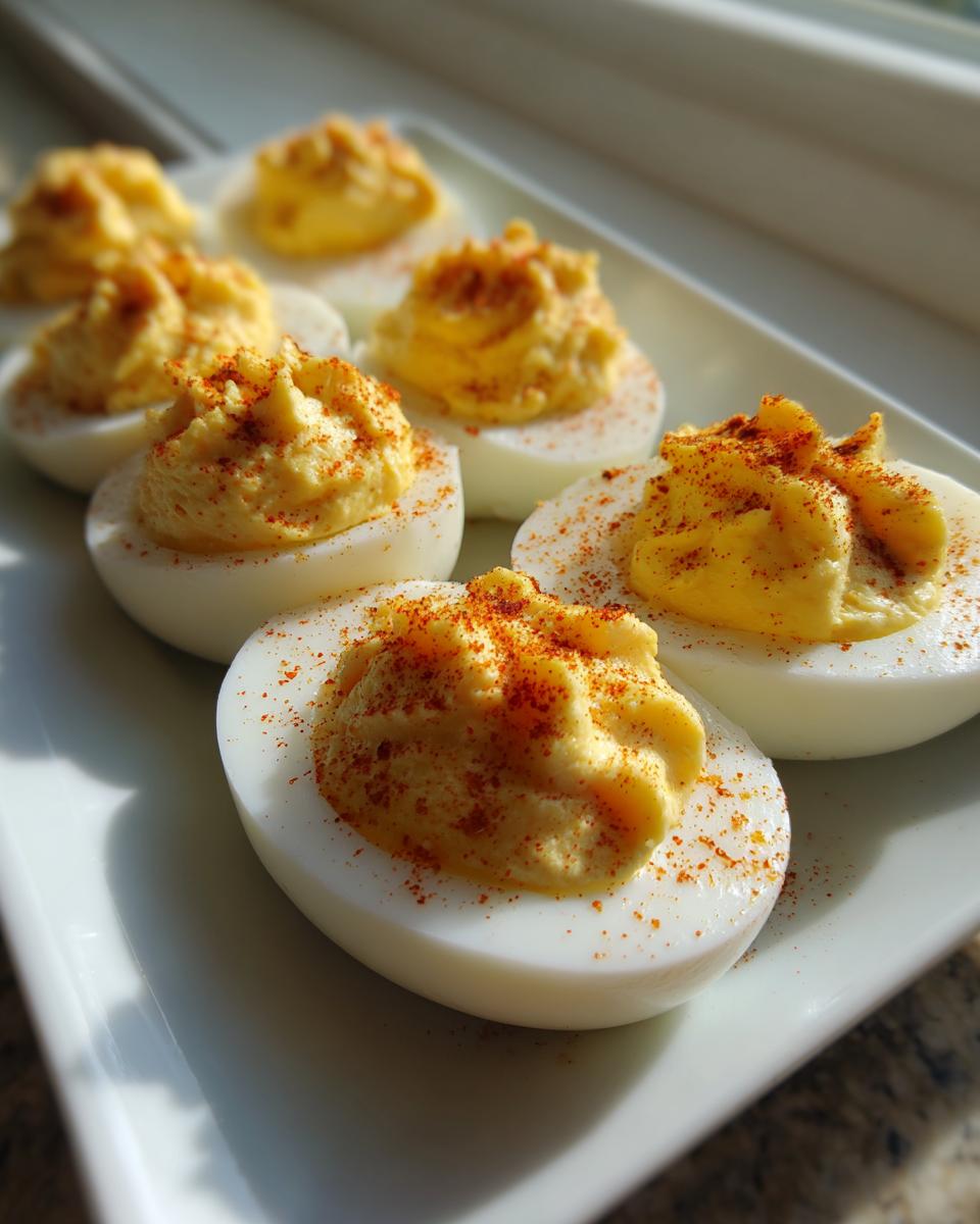 A row of perfectly piped deviled eggs sprinkled with paprika, ready to serve.