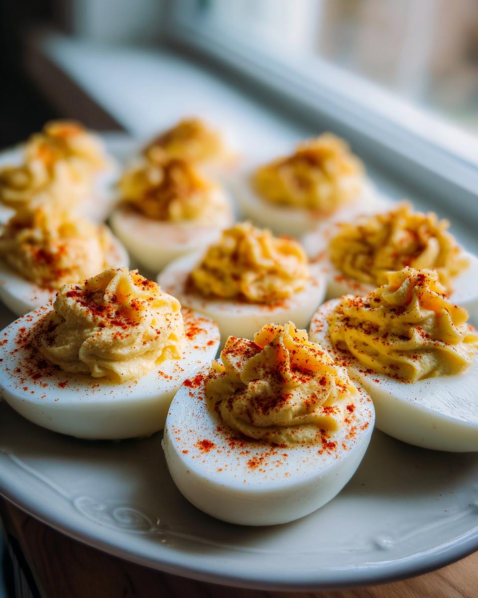 A plate of perfectly piped deviled eggs sprinkled with paprika, ready to serve.