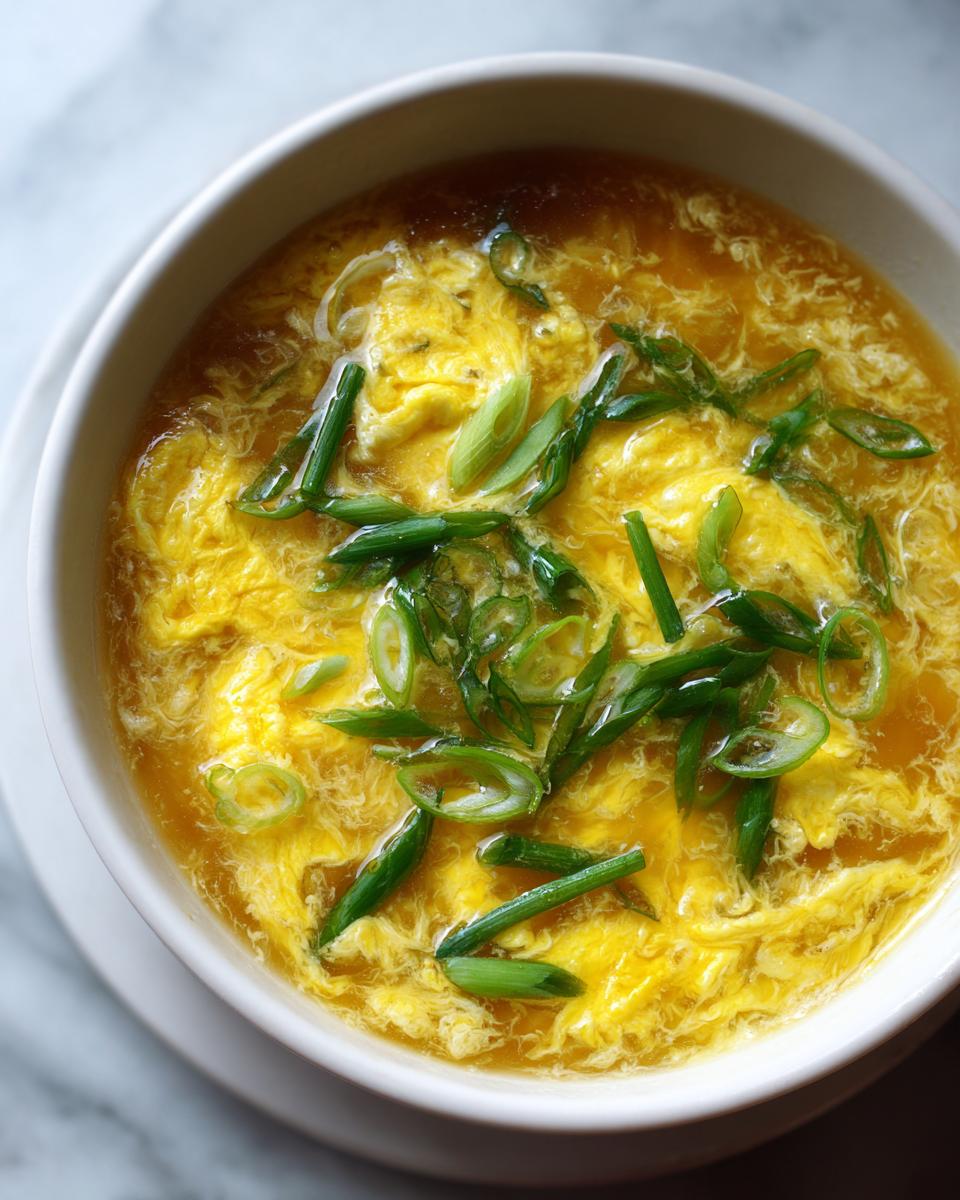 Close-up overhead view of a bowl of hot egg drop soup, featuring wispy yellow egg ribbons and green scallions.