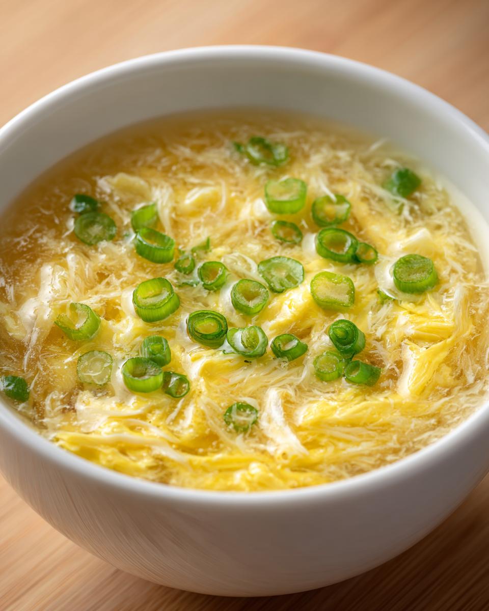 A white bowl filled with hot egg drop soup, featuring wispy ribbons of cooked egg and topped with fresh green onion slices.