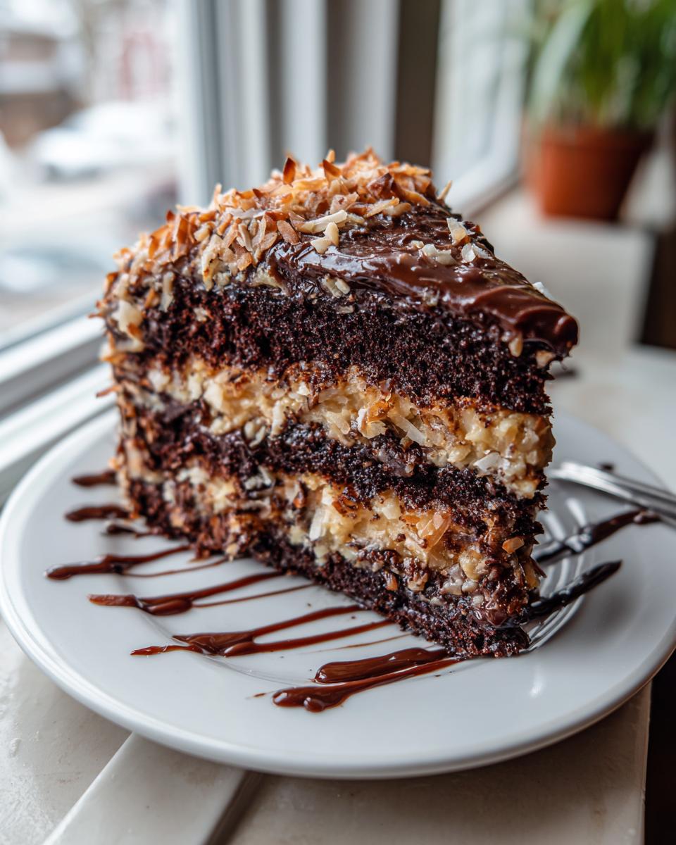 A tall slice of moist german chocolate cake layered with coconut pecan frosting and topped with ganache.