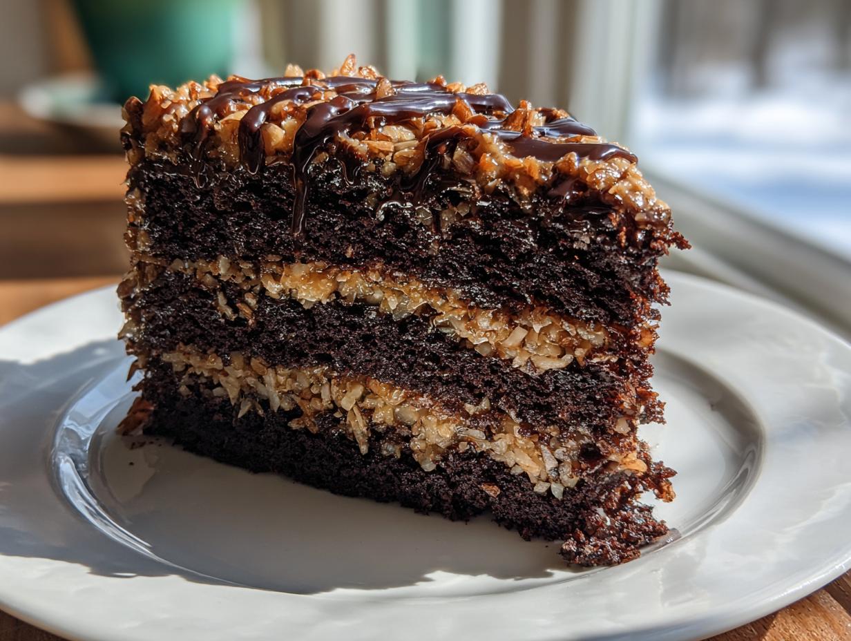 A tall slice of rich german chocolate cake showing three dark layers separated by coconut-pecan frosting and topped with chocolate drizzle.
