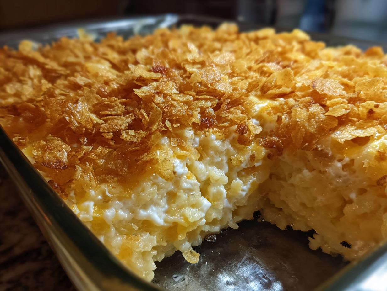 Close-up of a creamy hashbrown casserole with a thick, golden, crunchy cornflake topping.