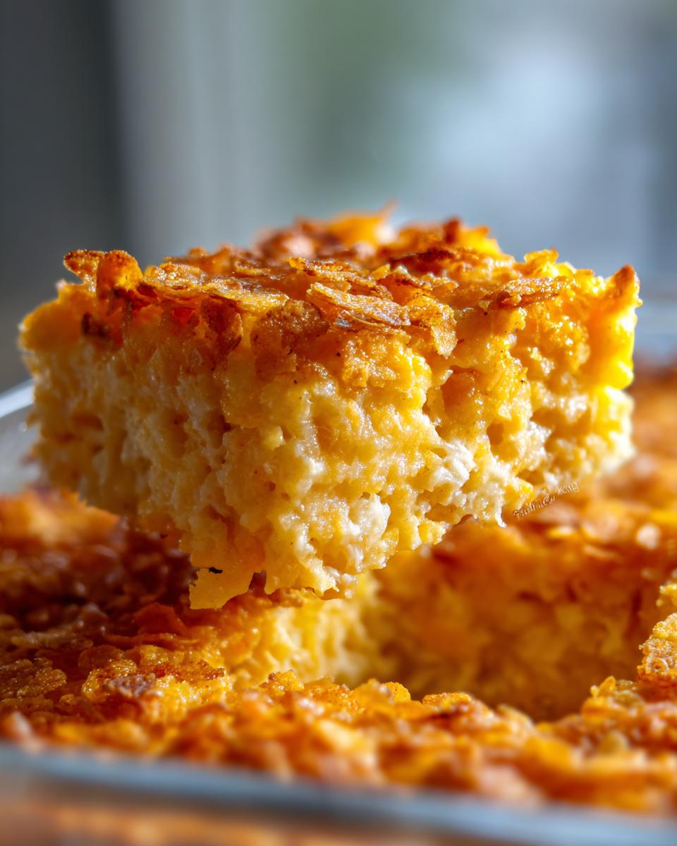 A square serving of creamy, cheesy hashbrown casserole lifted out of the baking dish, showing a crunchy, golden topping.