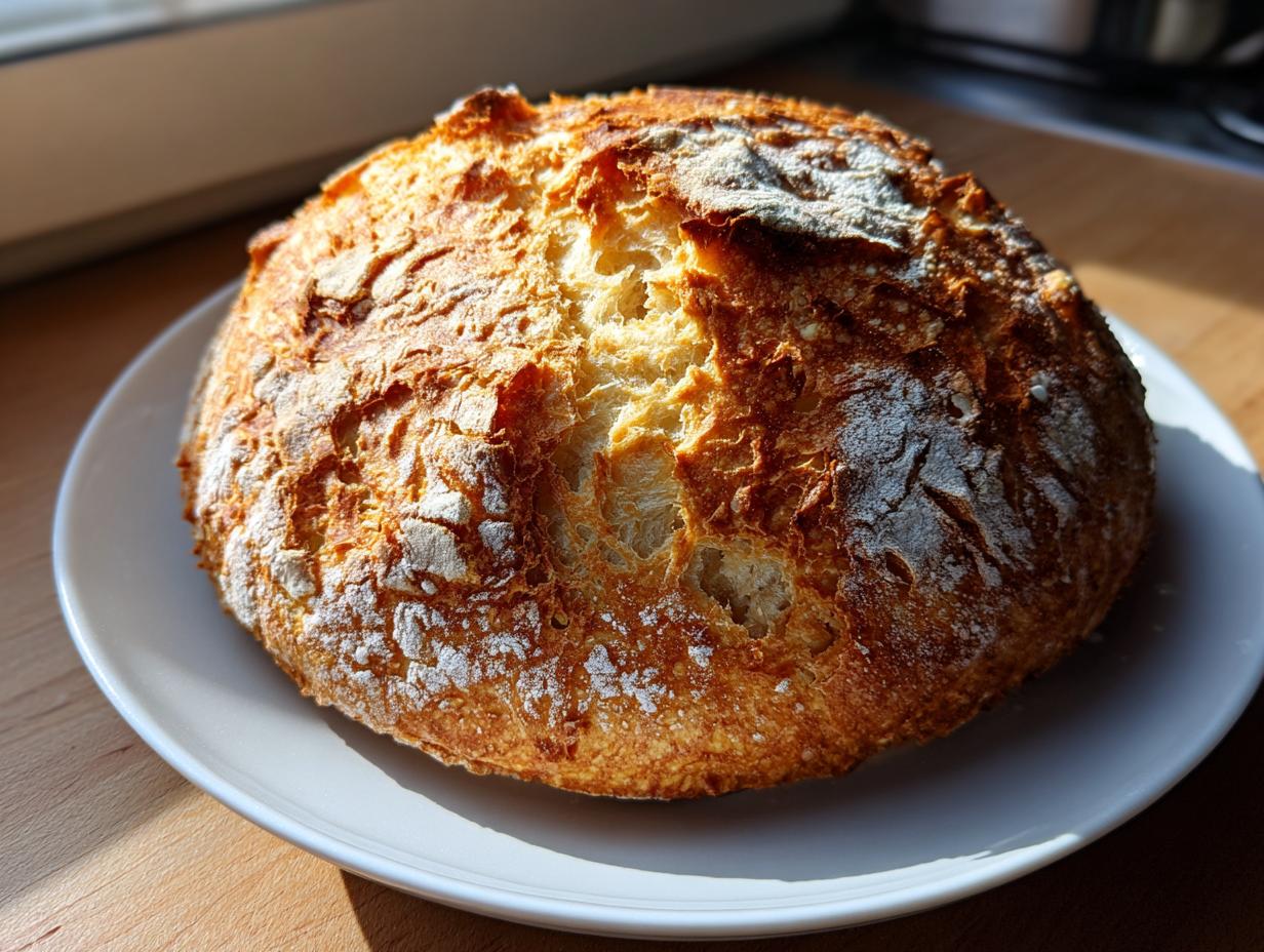 A freshly baked, round loaf of amazing italian bread with a deeply golden, cracked crust dusted with flour, sitting on a white plate.