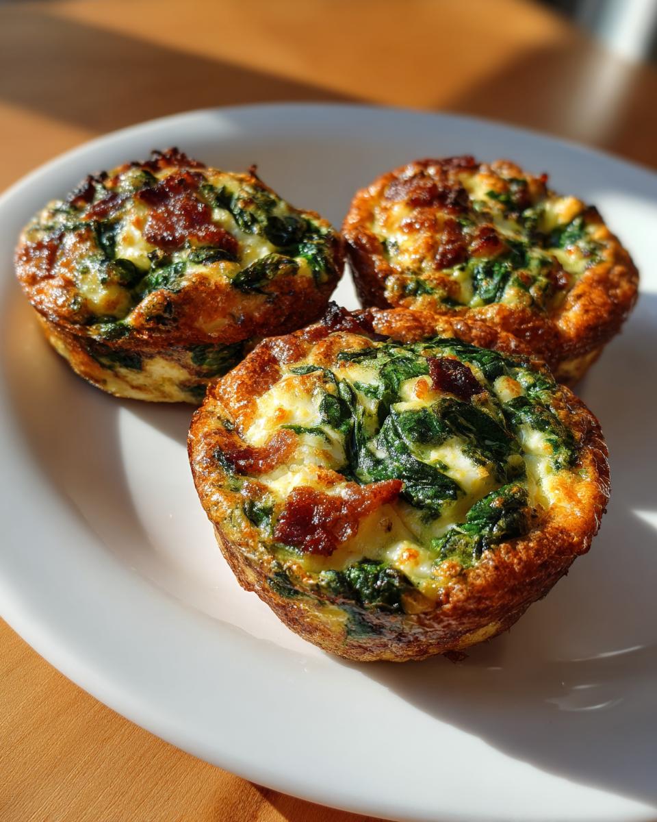 Three freshly baked mini quiche muffins with spinach and bacon on a white plate, golden brown edges.