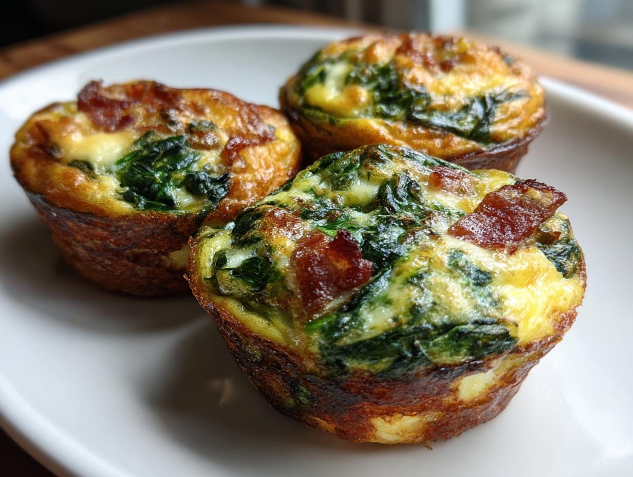 Close-up of three golden-brown mini quiche muffins filled with spinach and bacon pieces on a white plate.