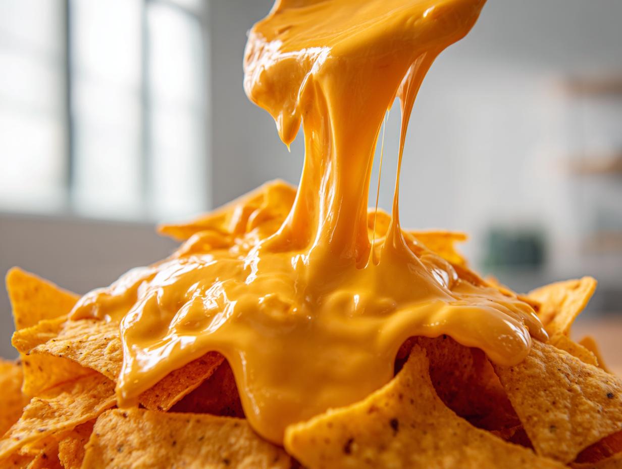Close-up of thick, melted nacho cheese being poured over a pile of tortilla chips.