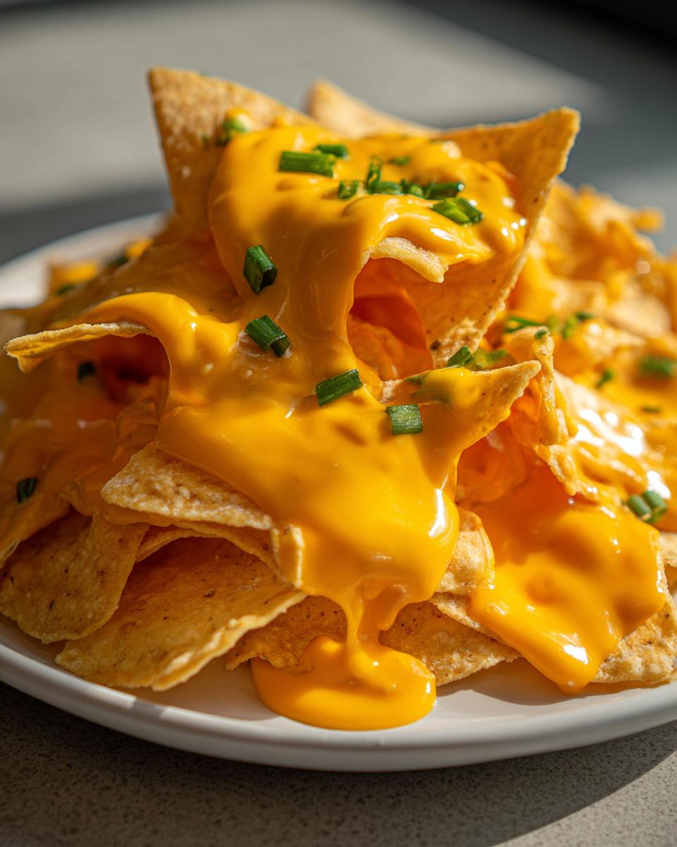 Close-up of tortilla chips smothered in thick, bright orange nacho cheese sauce and topped with chopped green onions.