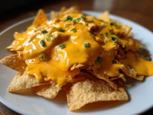 Close-up of tortilla chips smothered in bright orange nacho cheese sauce and topped with chopped green onions.