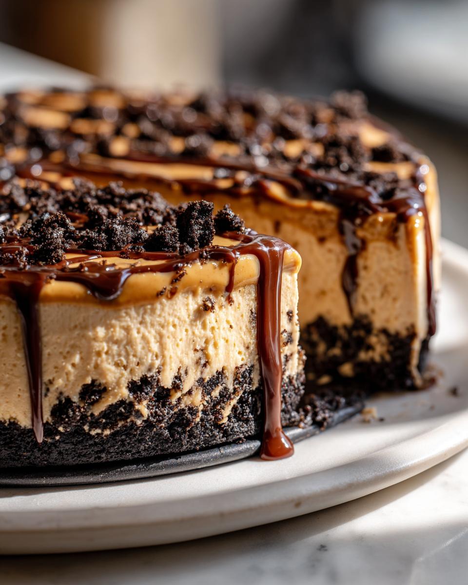 A close-up of a slice of creamy peanut butter pie with a dark cookie crust, topped with chocolate drizzle and crumbs.