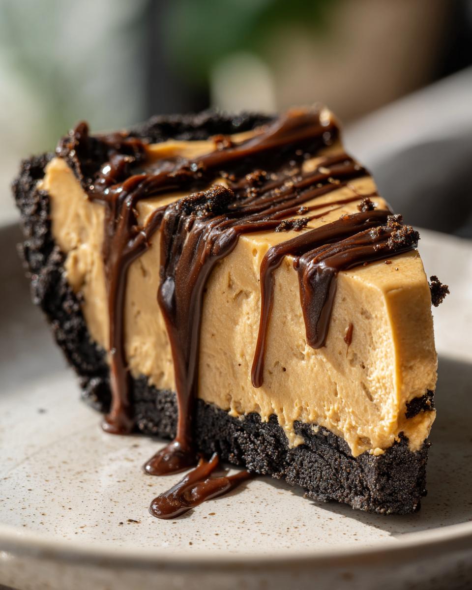 A close-up of a rich slice of peanut butter pie with a dark crust, topped with thick chocolate syrup drizzle.