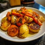 Close-up of golden roasted potatoes and carrots seasoned generously with fresh rosemary.