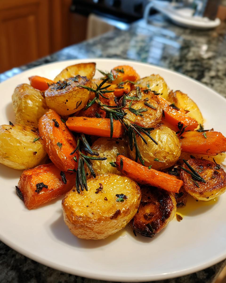 A close-up of golden brown roasted potatoes and carrots seasoned with fresh rosemary sprigs.