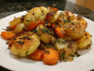 A close-up of golden brown roasted potatoes and carrots mixed together and seasoned with fresh herbs.