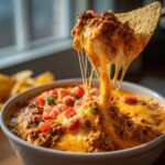 A tortilla chip pulls up a massive, cheesy, meaty scoop of rotel dip, showing long cheese strings.