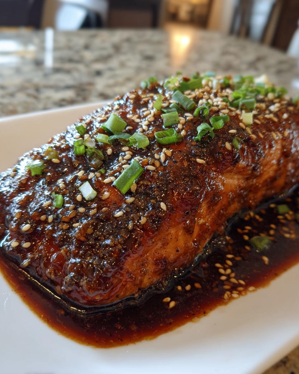 Close-up of a perfectly cooked piece of teriyaki salmon covered in a rich, dark glaze, sesame seeds, and chopped green onions.