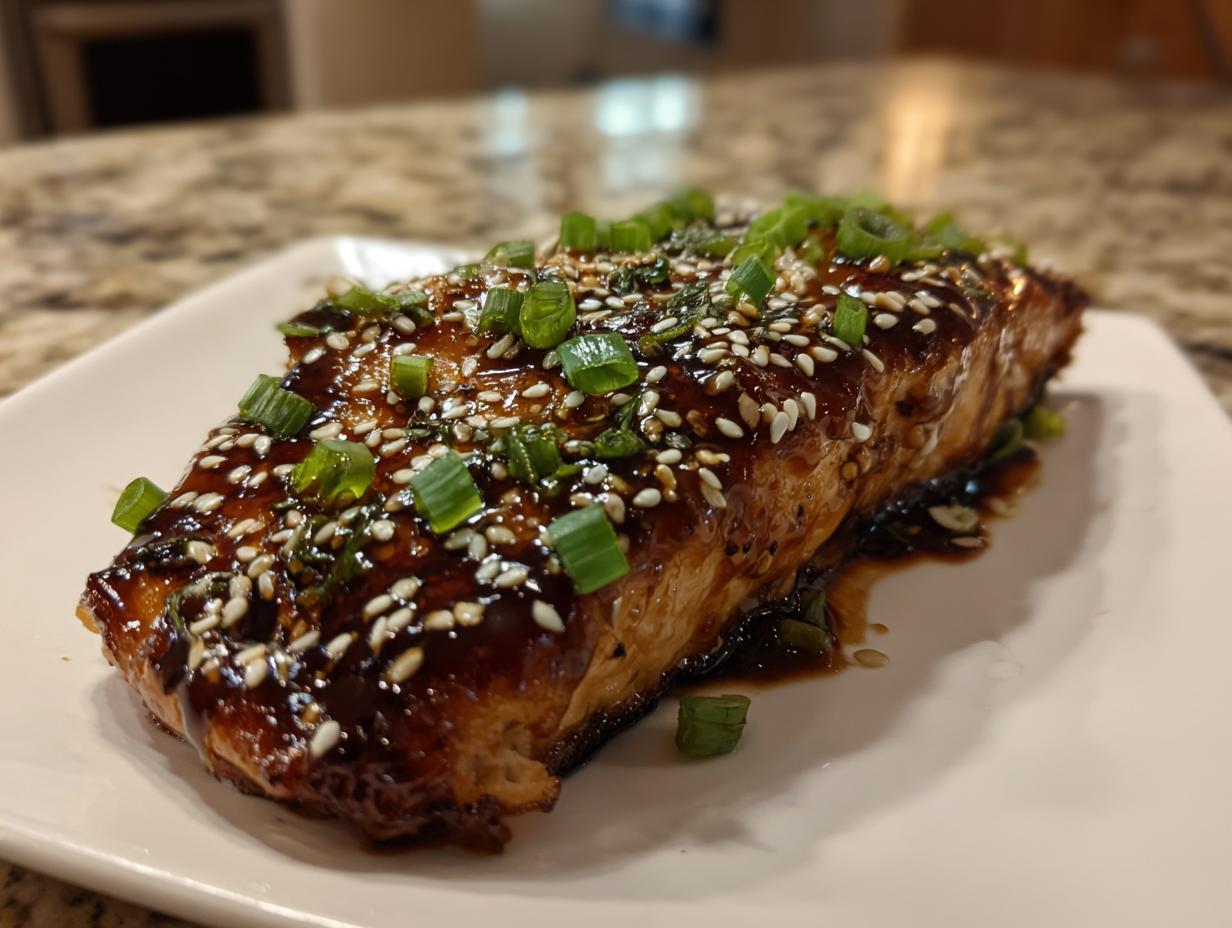 A perfectly cooked fillet of teriyaki salmon glazed with a dark sauce, topped with white sesame seeds and chopped green onions.
